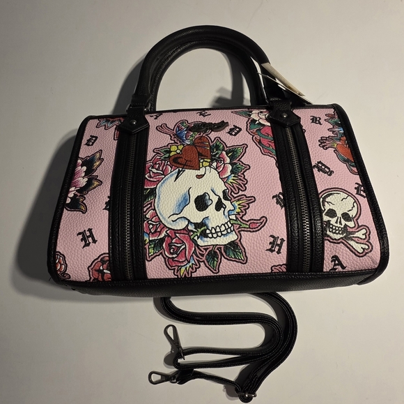 Ed Hardy Pink Skull Floral Hearts Women's Bag Satchel Crossbody NWT Retail $99 - Picture 12 of 15